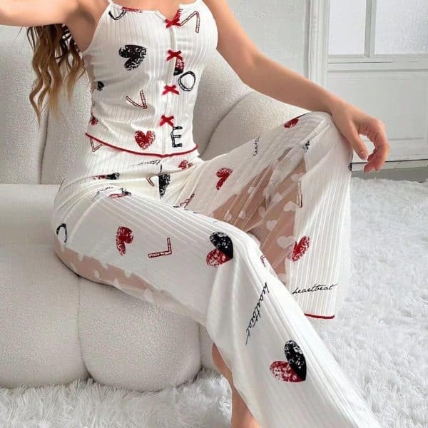 Women's XL Neon Embroidered O-Neck Transparent Pajamas Set - Image 3