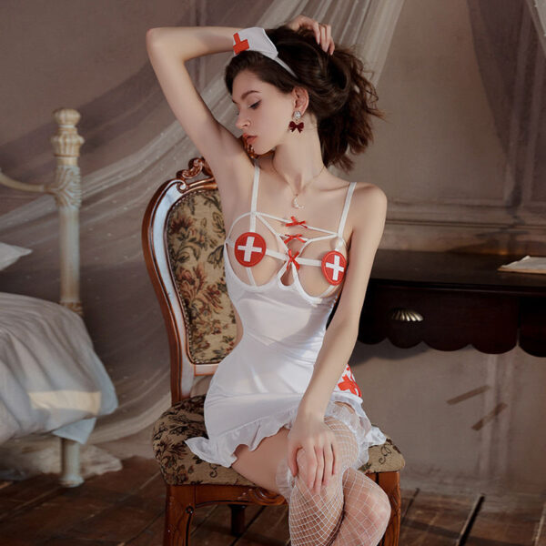 Wholesale Sexy Nurse Cosplay Lingerie Set - Deep V Lace Hollow Skirt - Image 2