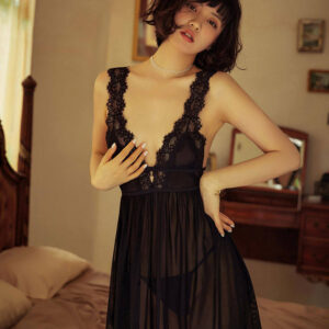 Women's Sexy Transparent Red Lingerie - Lace Nightdress & Panty Set