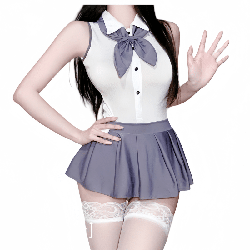 High Quality Women's Sexy Japanese Student Uniform 2P Cosplay Lingerie - Deep V Backless