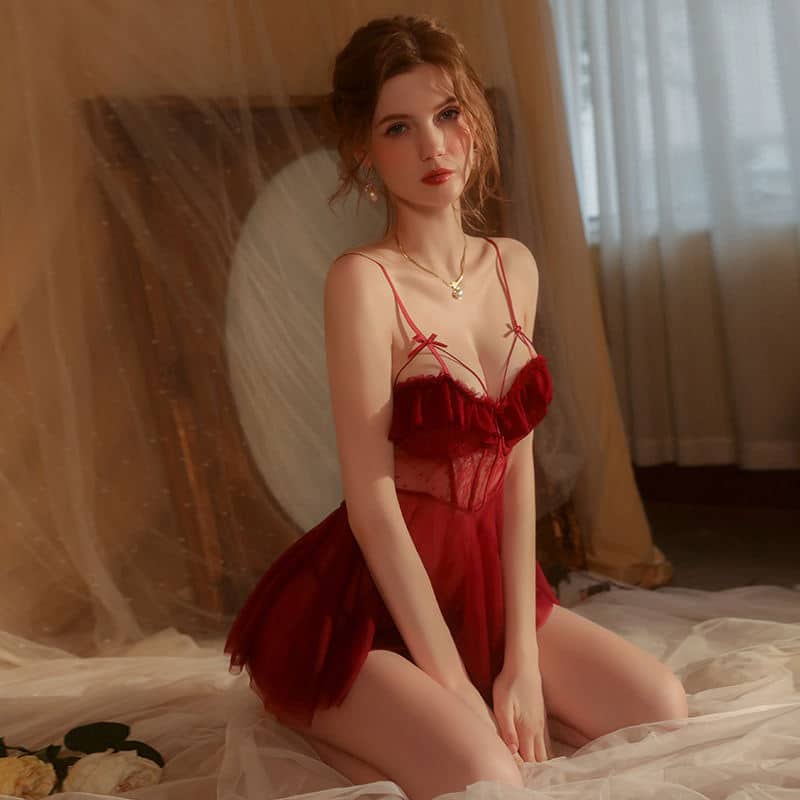 Sexy Mesh Polka Dot Pajama Set for Young Women - 2-Piece Eyelash Lace Sleepwear (Hot Selling) - Image 2